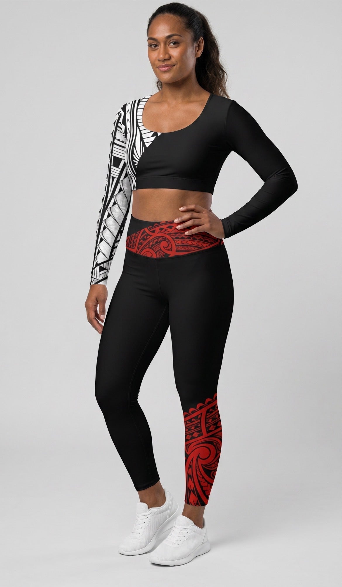 Manusina Collection: Alofa Crossover Leggings (with pockets) - Black/Red - Tatau Fit