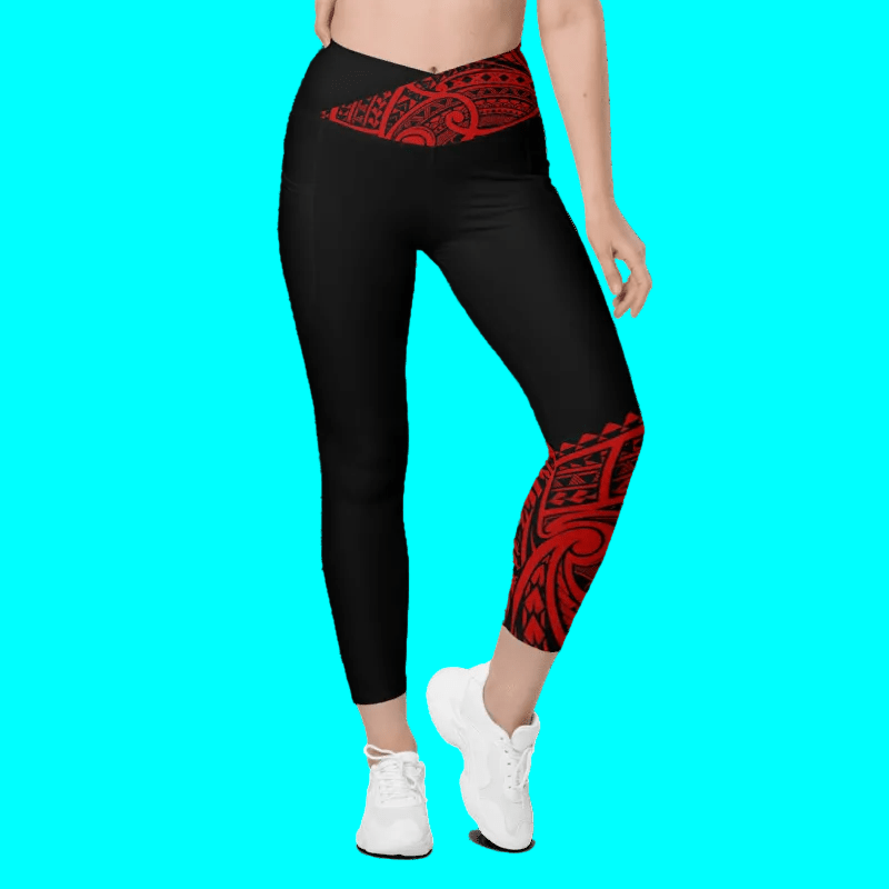 Manusina Collection: Alofa Crossover Leggings (with pockets) - Black/Red - Tatau Fit
