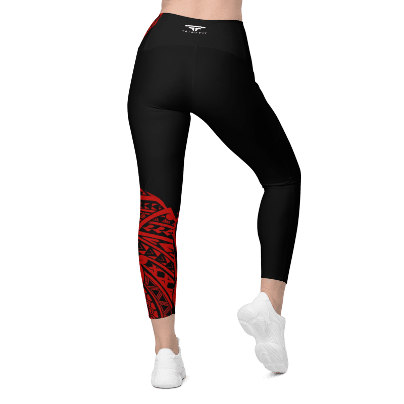 Manusina Collection: Alofa Crossover Leggings (with pockets) - Black/Red - Tatau Fit
